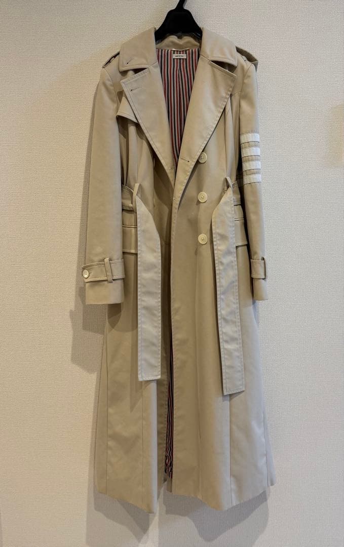 【THOM BROWNE★トムブラウン】ベージュ トレンチコート ストライプ裏地