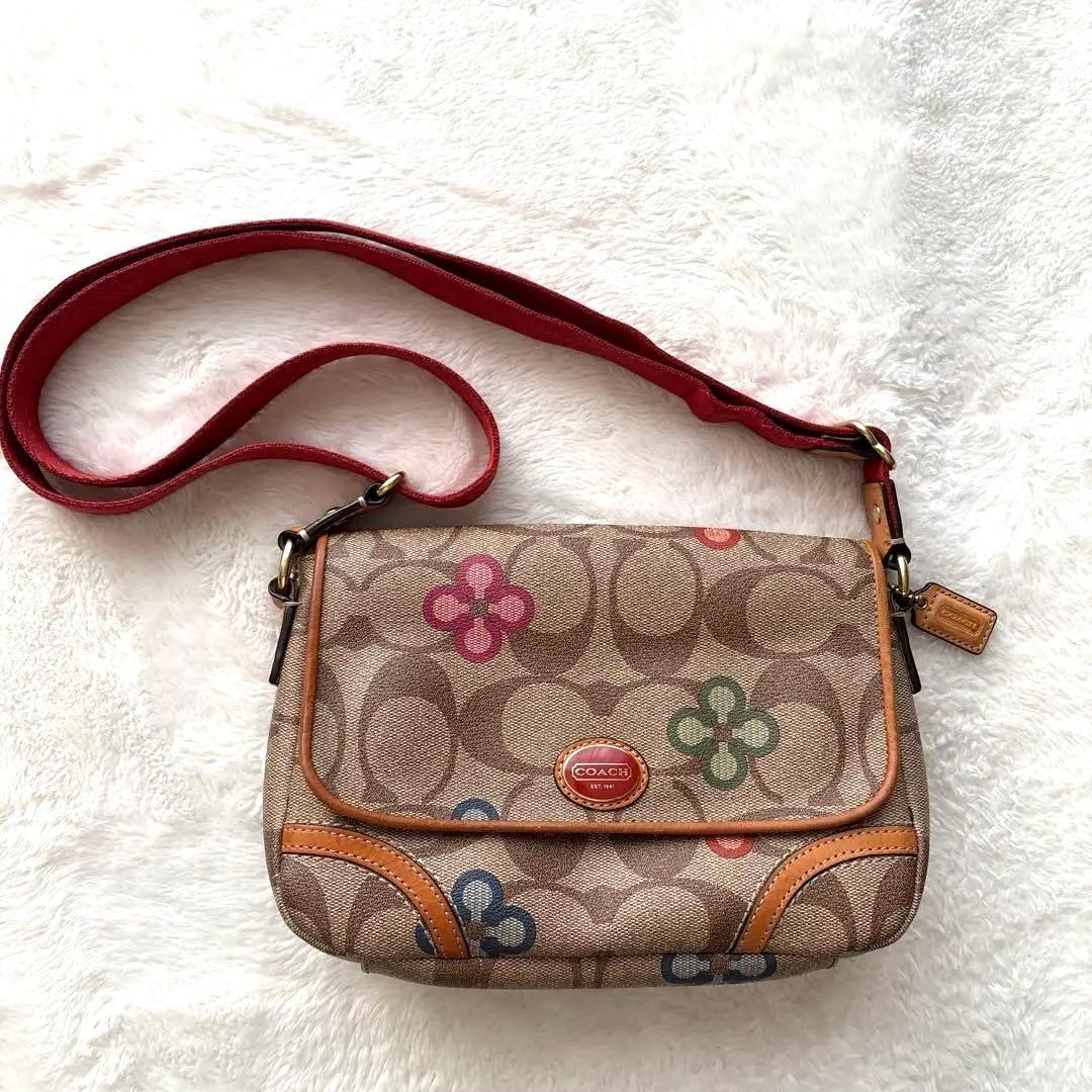 【美品】コーチ COACH 花柄ショルダーバッグ 2WAY 赤　シグネチャー