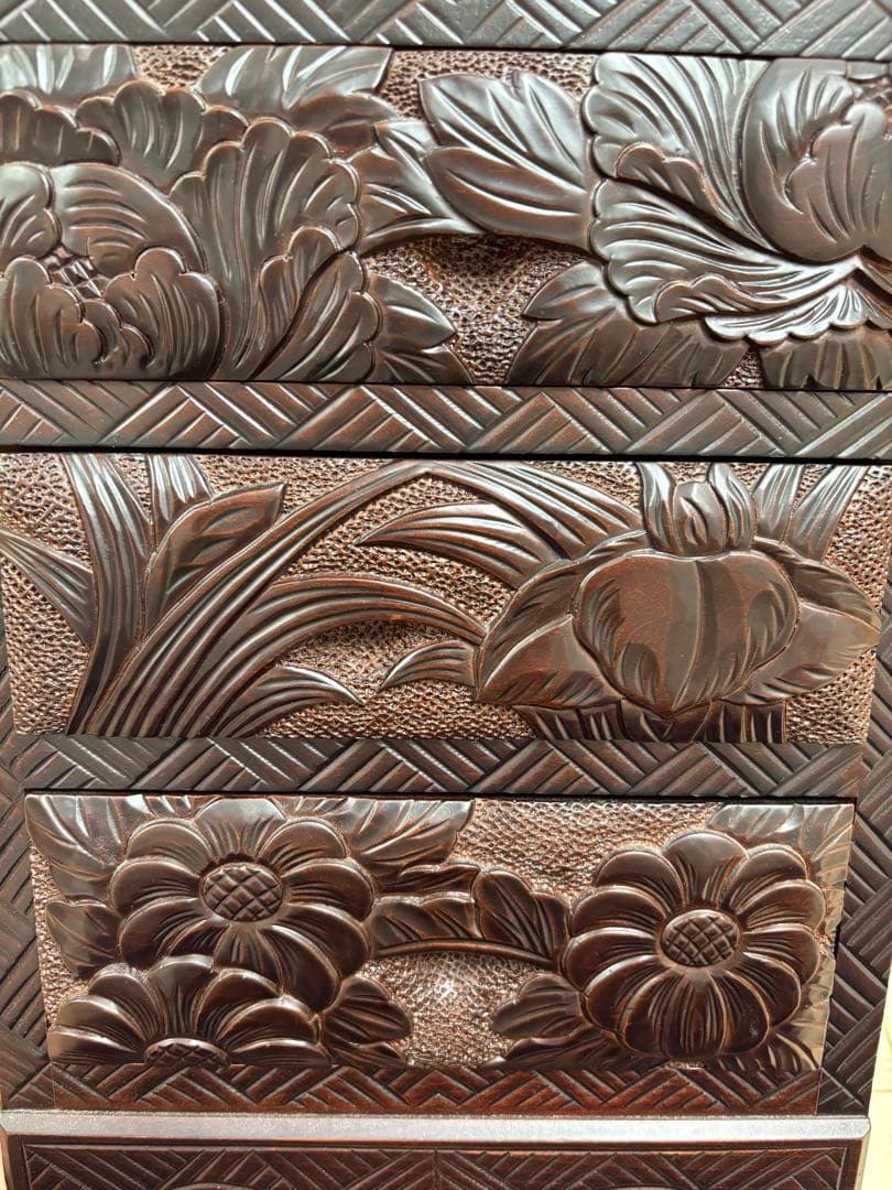 日光彫　小引き出し　牡丹　菖蒲　あやめ　工芸