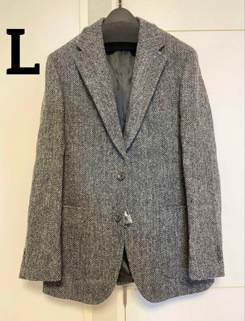 【SALE‼️】ハリスツイード テーラードジャケット グレー　ヘリンボーン　L