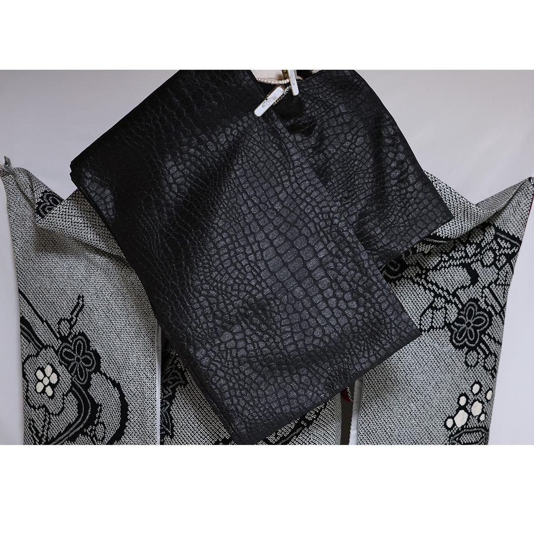 【良好】豪華総絞り振袖8点セット◆164cm帯小物付フルセット黒白正絹Ub41