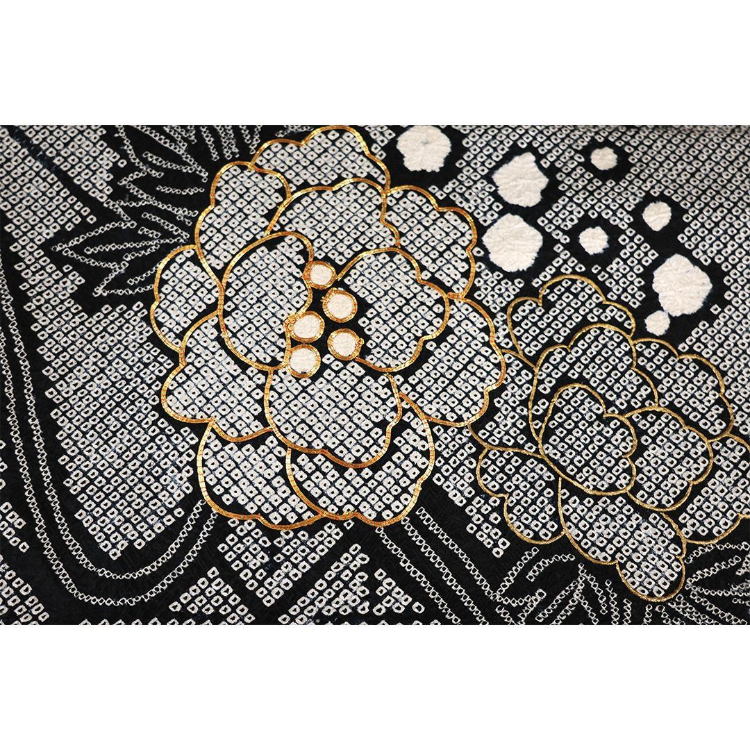 【良好】豪華総絞り振袖8点セット◆164cm帯小物付フルセット黒白正絹Ub41