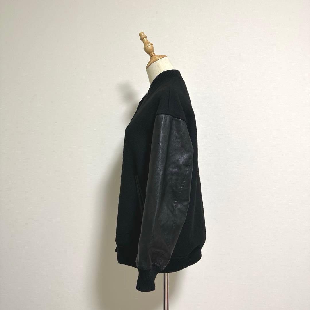 【SHIPS any】バーシティジャケット【F】黒 スタジャン 袖フェイクレザー