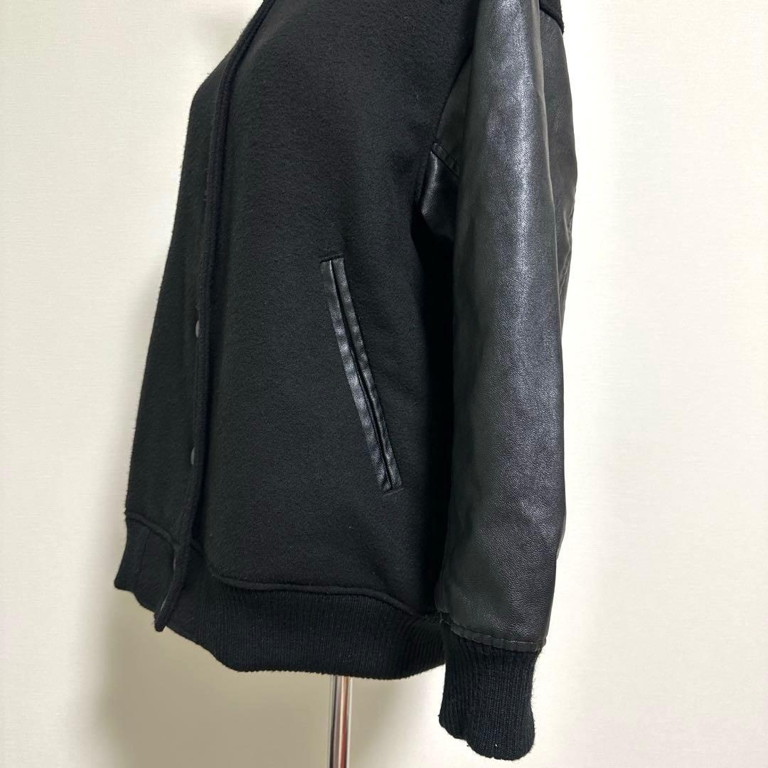 【SHIPS any】バーシティジャケット【F】黒 スタジャン 袖フェイクレザー