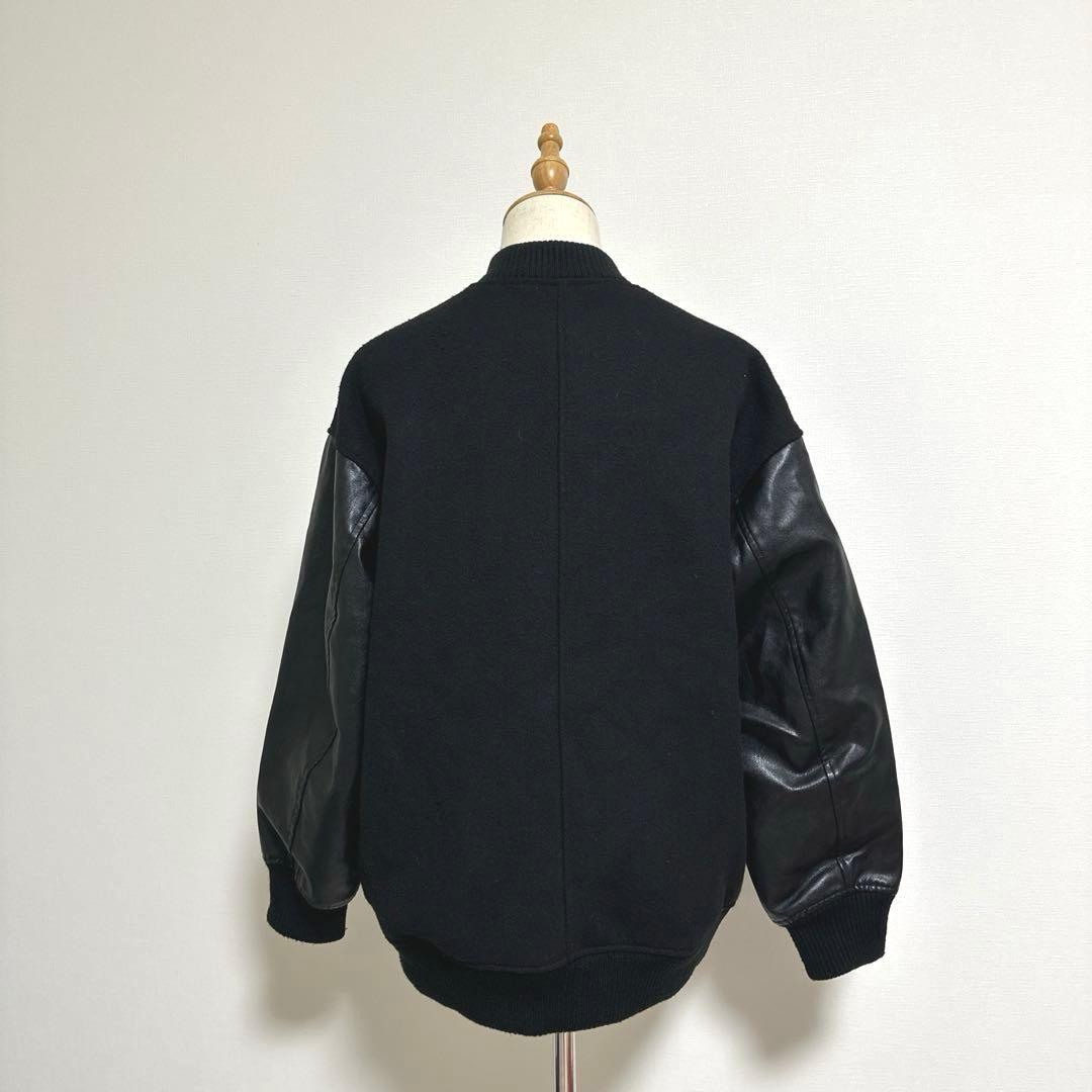 【SHIPS any】バーシティジャケット【F】黒 スタジャン 袖フェイクレザー