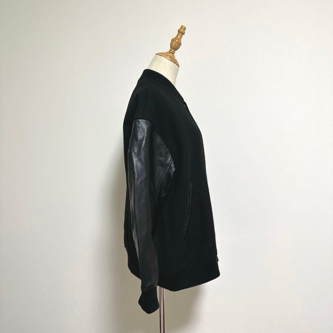 【SHIPS any】バーシティジャケット【F】黒 スタジャン 袖フェイクレザー