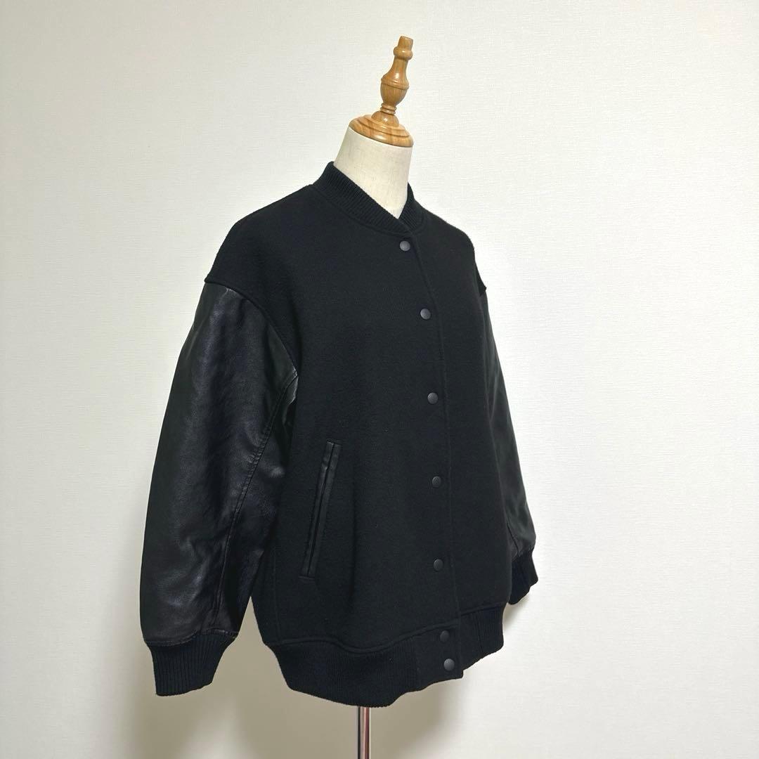 【SHIPS any】バーシティジャケット【F】黒 スタジャン 袖フェイクレザー