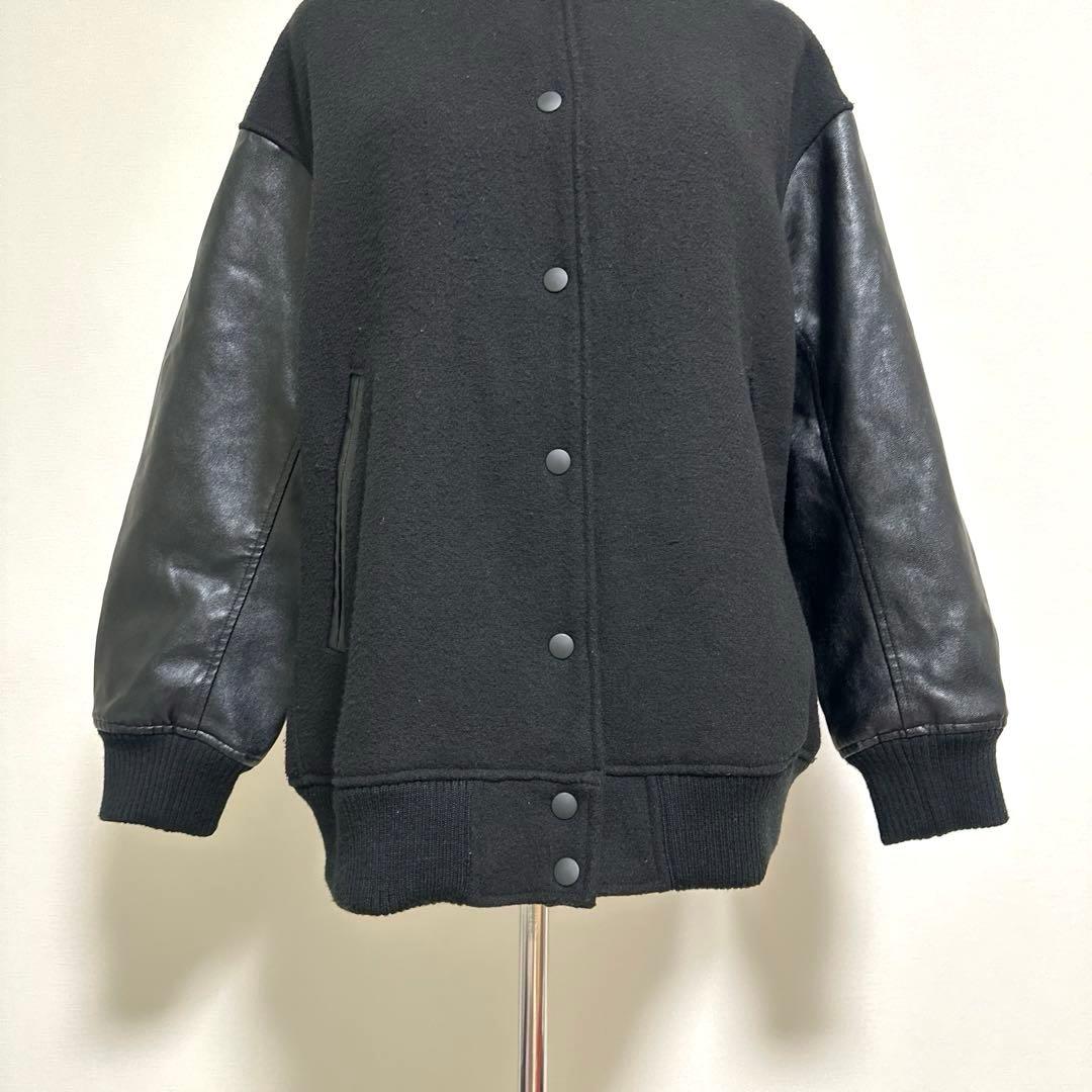 【SHIPS any】バーシティジャケット【F】黒 スタジャン 袖フェイクレザー