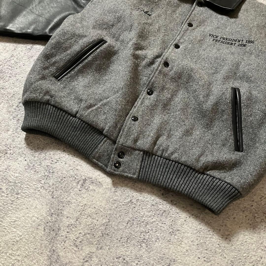 90sUSA製ウールレザーLAKCKARTCLUBスタジャングレー×ブラック