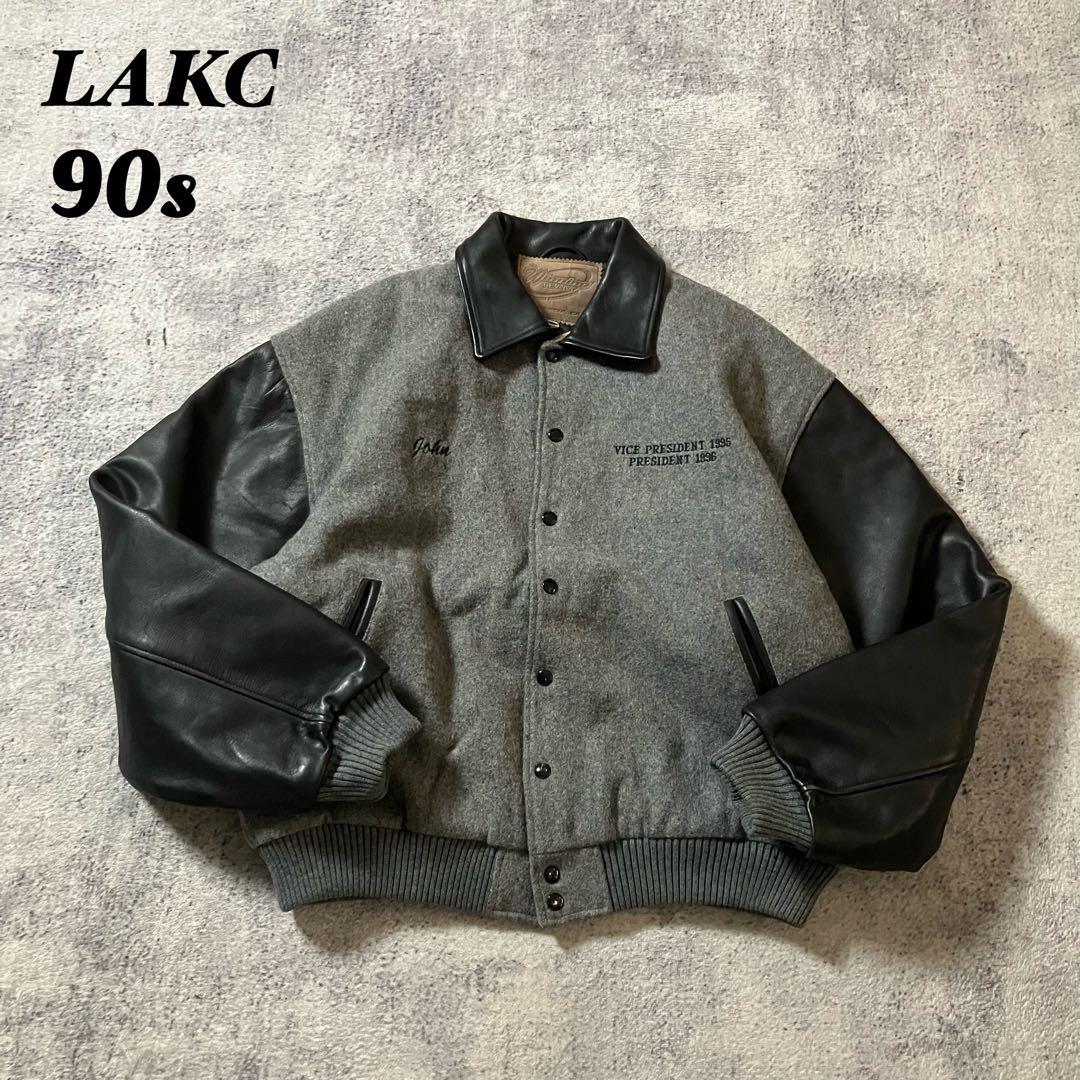 90sUSA製ウールレザーLAKCKARTCLUBスタジャングレー×ブラック