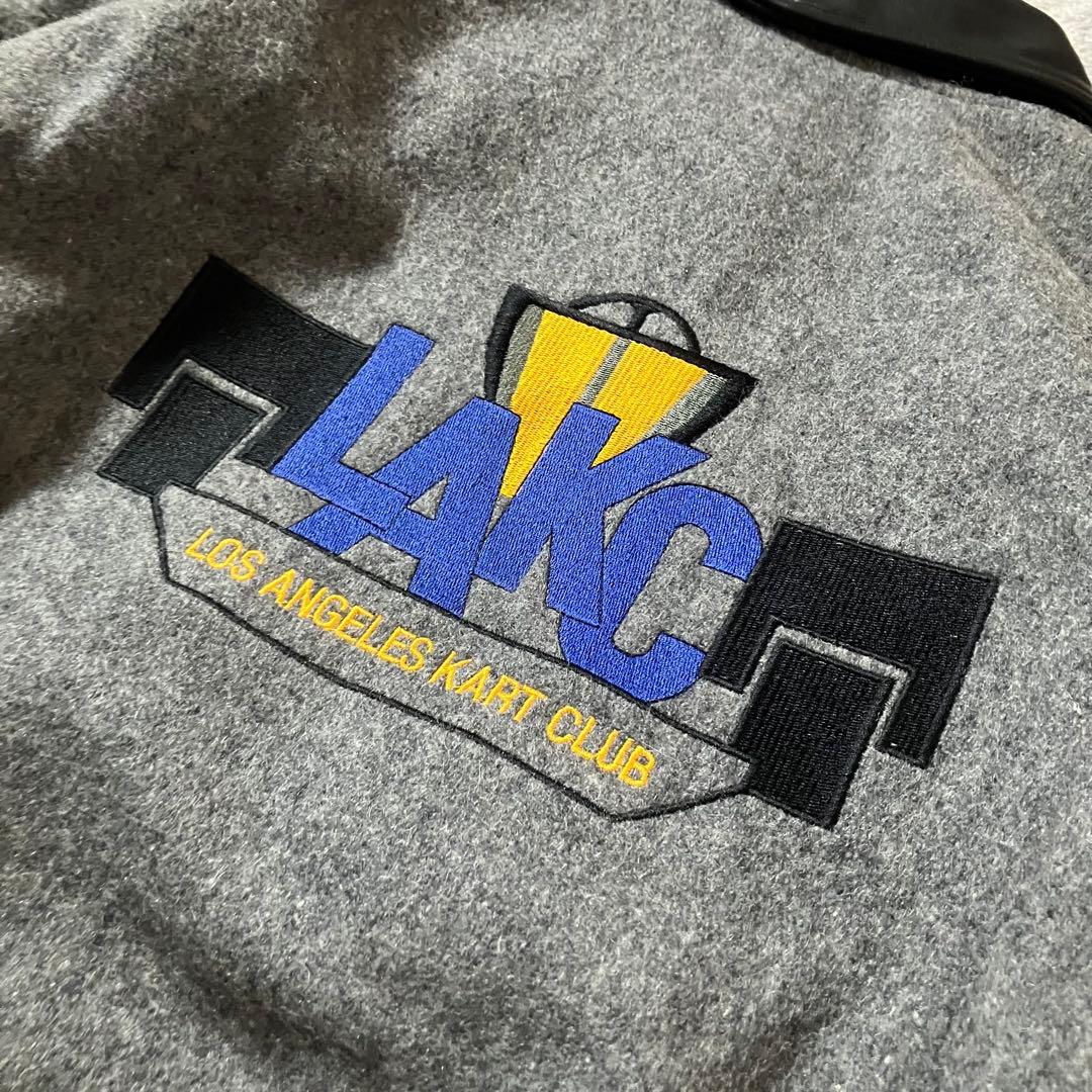 90sUSA製ウールレザーLAKCKARTCLUBスタジャングレー×ブラック