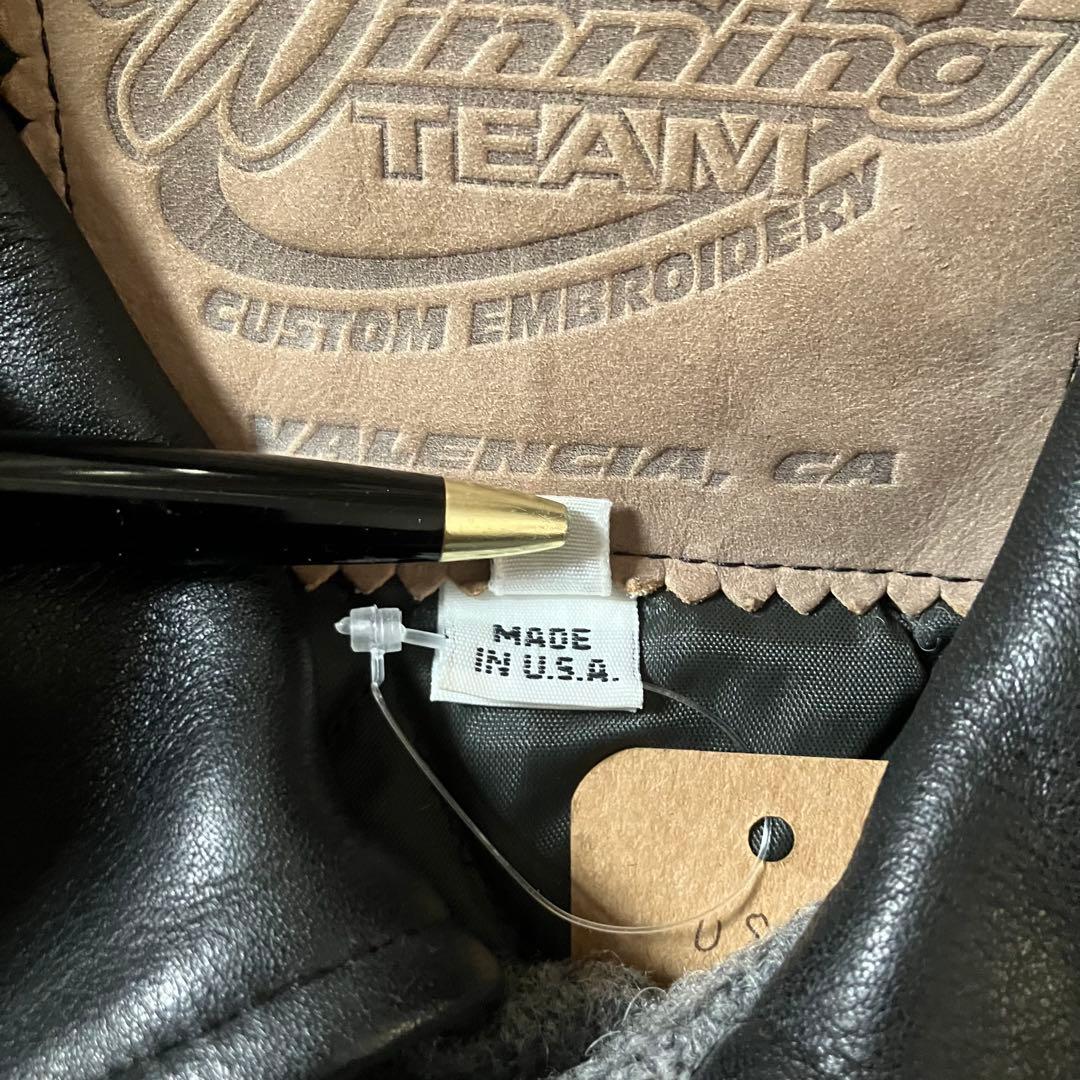 90sUSA製ウールレザーLAKCKARTCLUBスタジャングレー×ブラック