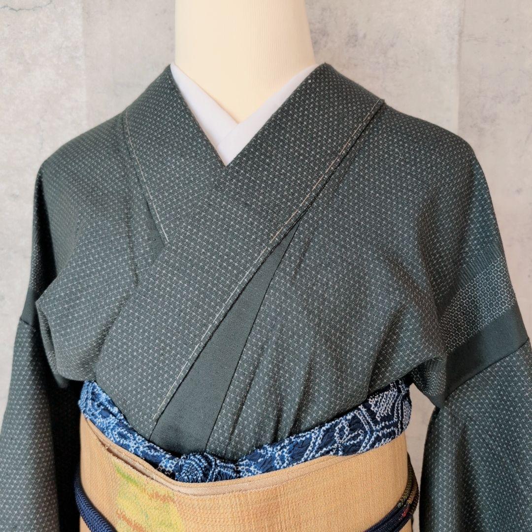単衣　紬　着物　小紋　フルセット　正絹　深緑　F5