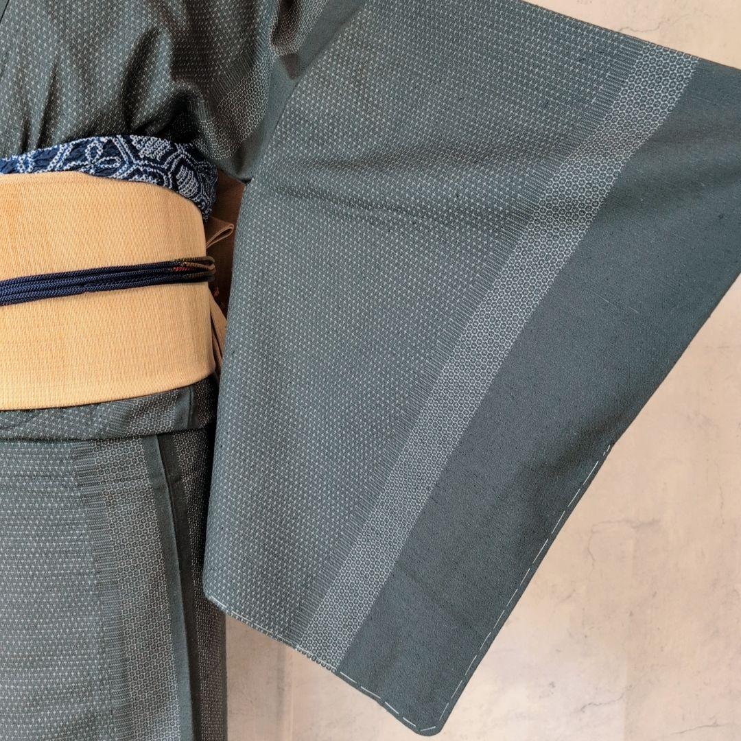 単衣　紬　着物　小紋　フルセット　正絹　深緑　F5