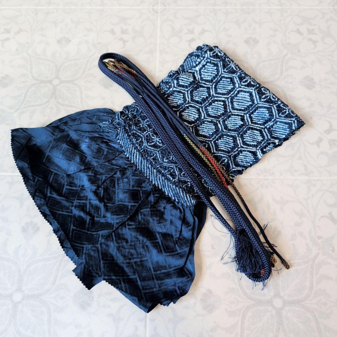 単衣　紬　着物　小紋　フルセット　正絹　深緑　F5