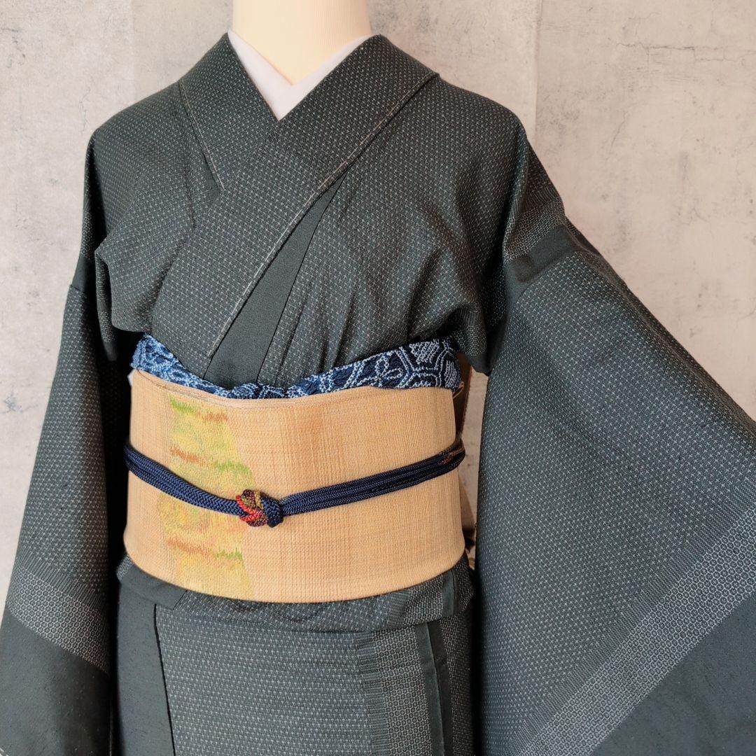 単衣　紬　着物　小紋　フルセット　正絹　深緑　F5
