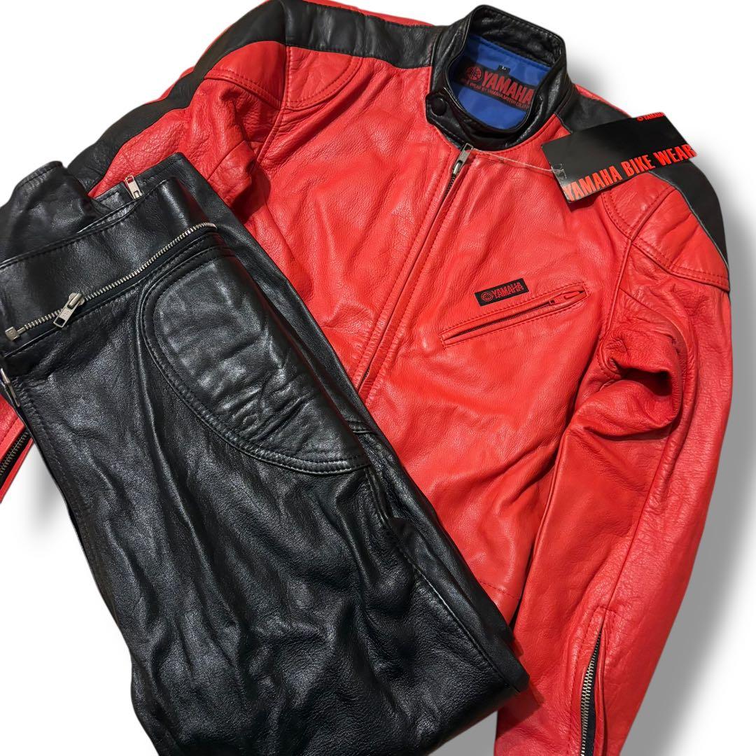 希少 YAMAHA ヤマハ レーシング レザースーツ つなぎ 牛革 赤黒 L