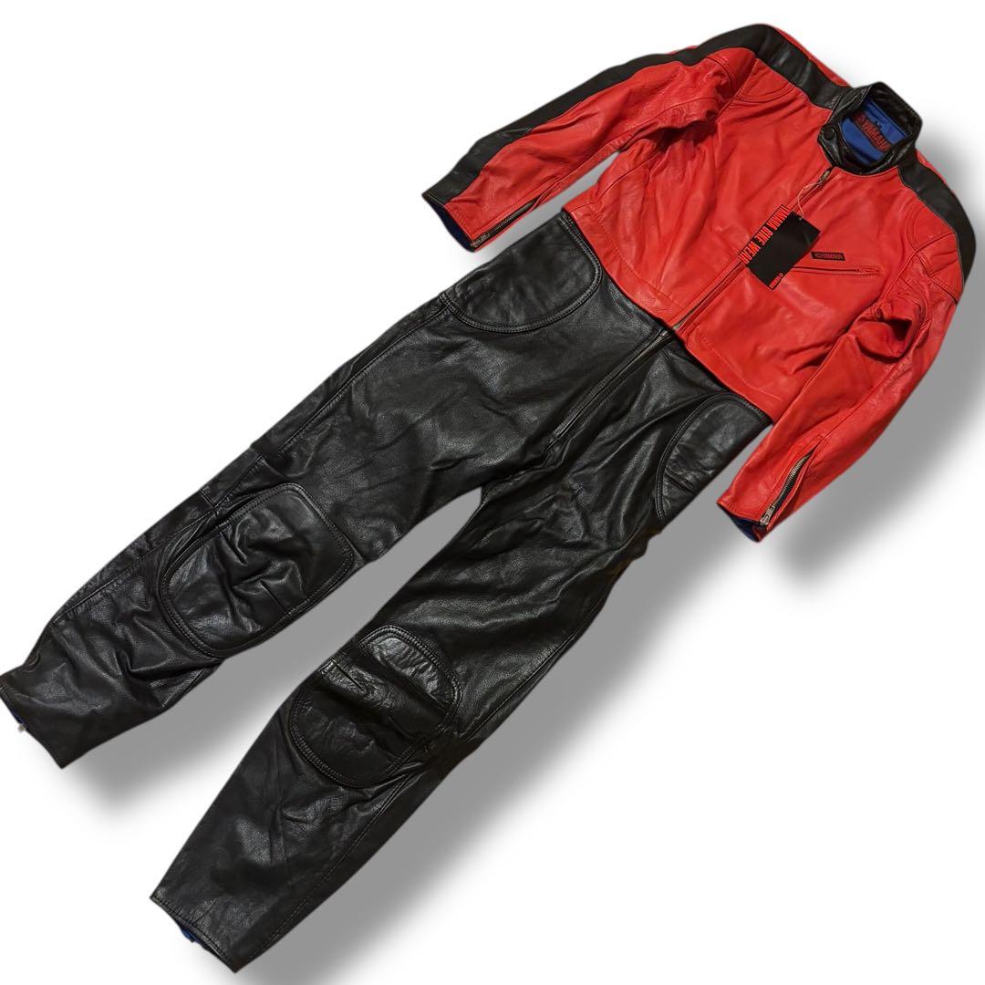 希少 YAMAHA ヤマハ レーシング レザースーツ つなぎ 牛革 赤黒 L