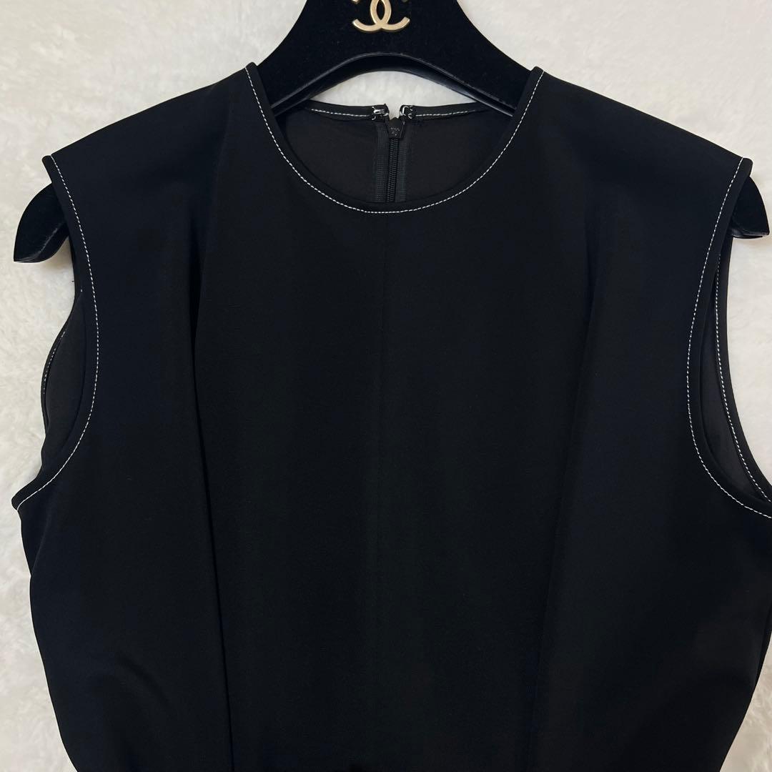 エストネーション オールインワンパンツ リボンベルト 黒 白ステッチ 38