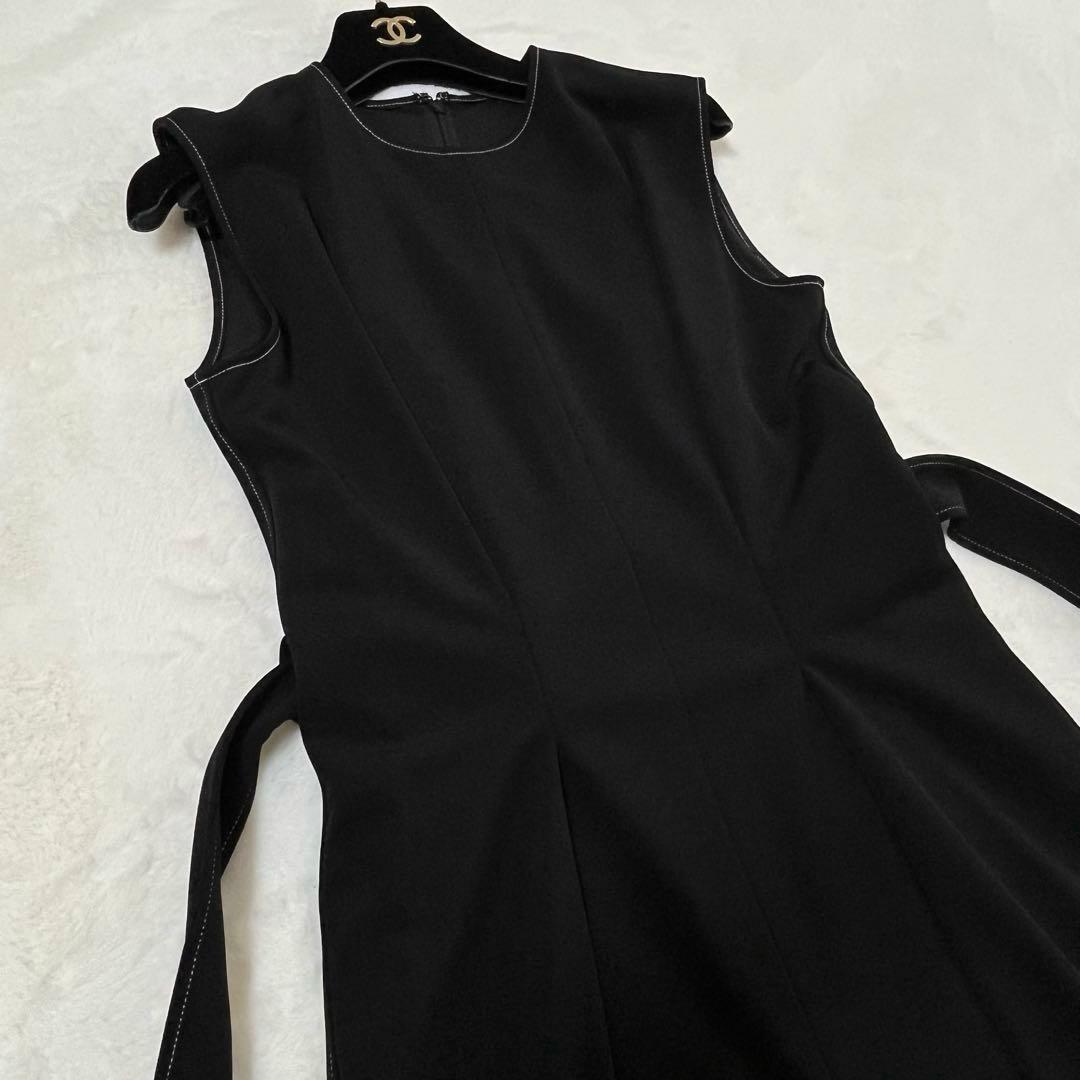 エストネーション オールインワンパンツ リボンベルト 黒 白ステッチ 38