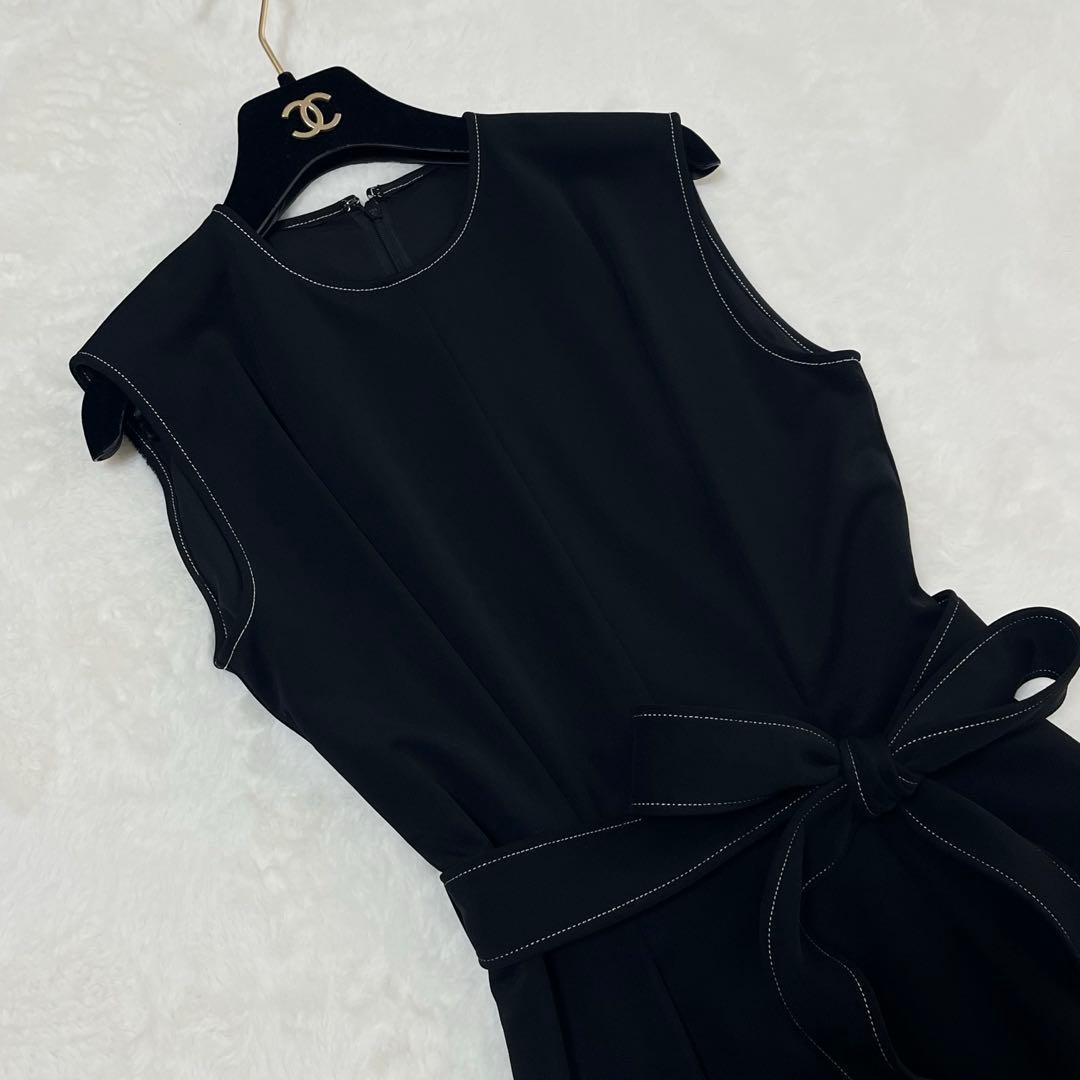 エストネーション オールインワンパンツ リボンベルト 黒 白ステッチ 38