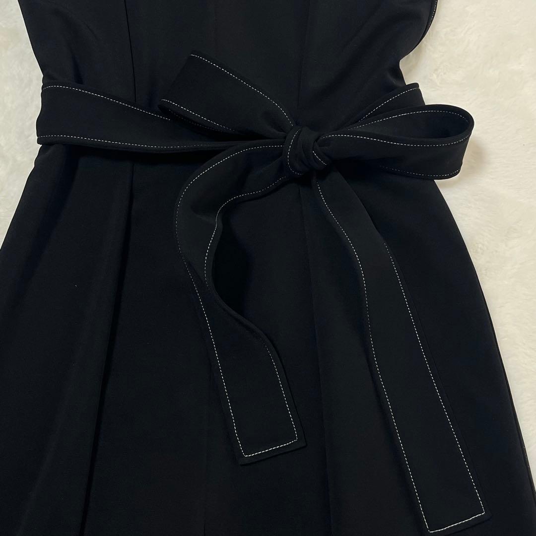 エストネーション オールインワンパンツ リボンベルト 黒 白ステッチ 38