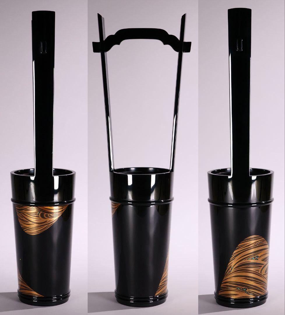 MA495 輪島塗 大徹造 田中貴司 流水金蒔絵 螺鈿入 手付花生 共箱 花器