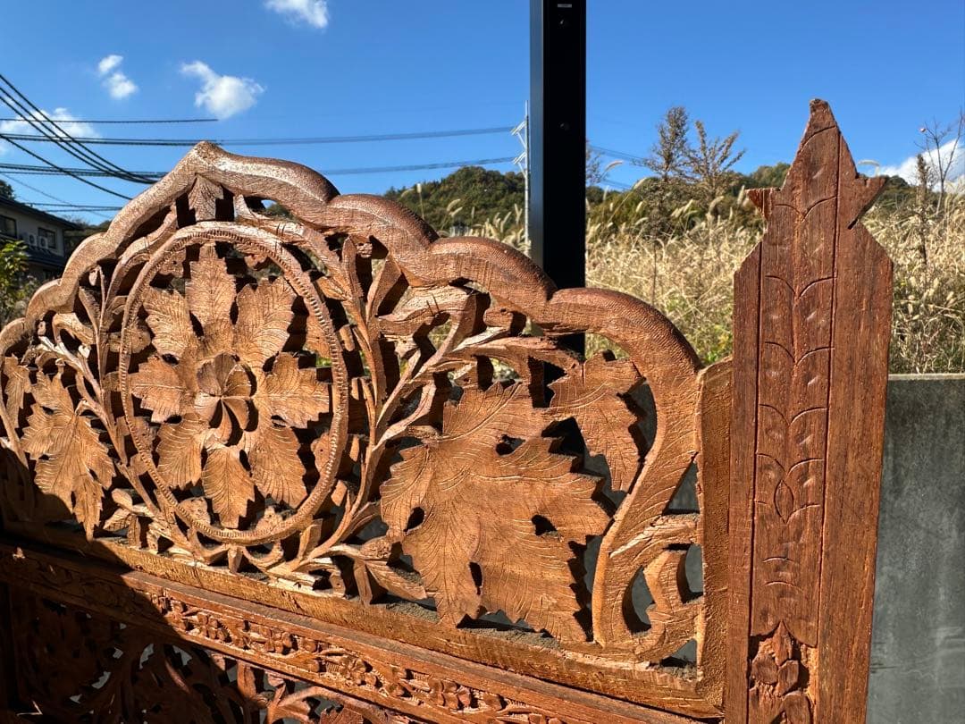 アジアン家具 4連パーテーション 透かし彫り 衝立 間仕切り 彫刻 木製 ウッド