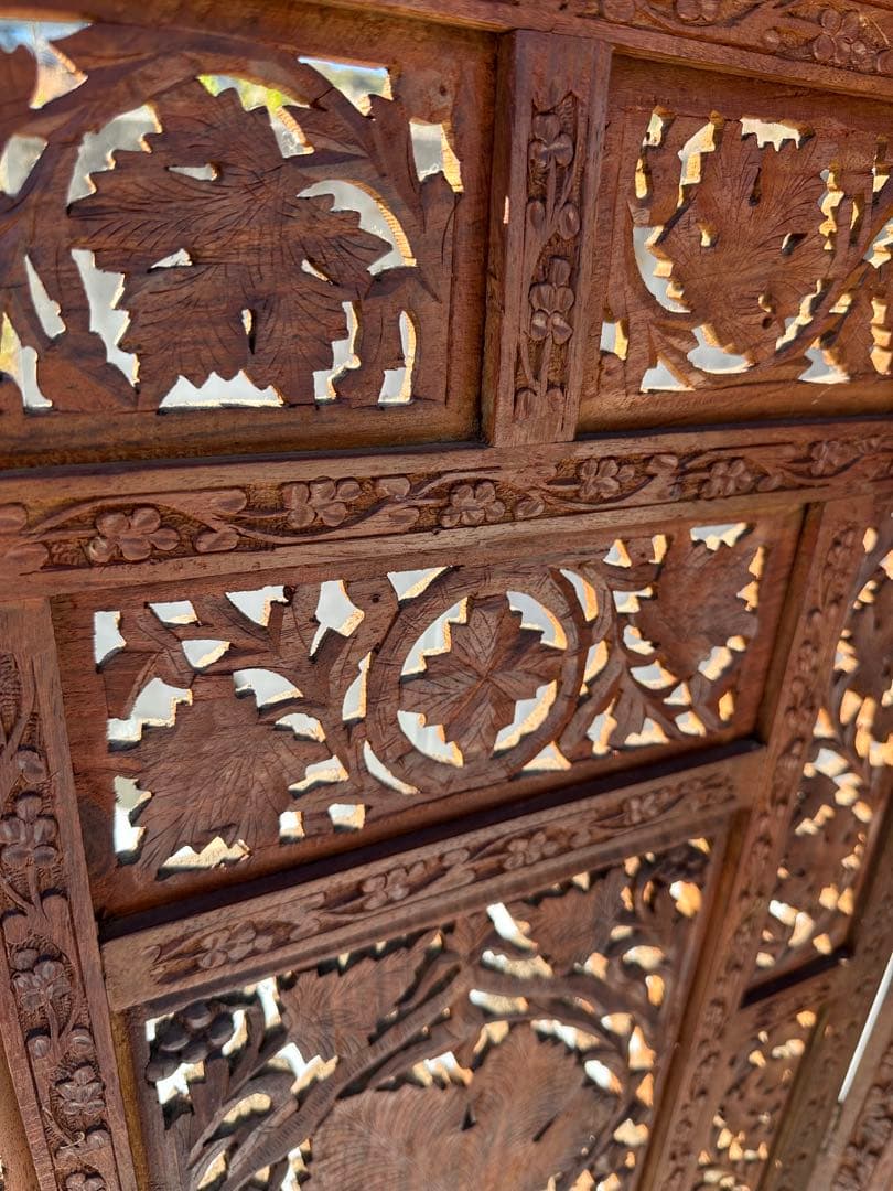 アジアン家具 4連パーテーション 透かし彫り 衝立 間仕切り 彫刻 木製 ウッド