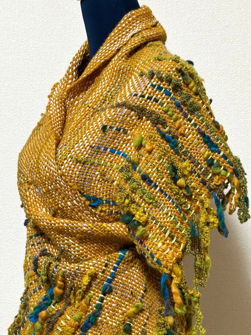 手織りショールストール　幅37cm+横フリンジ10cm長さ230cm+フリンジ