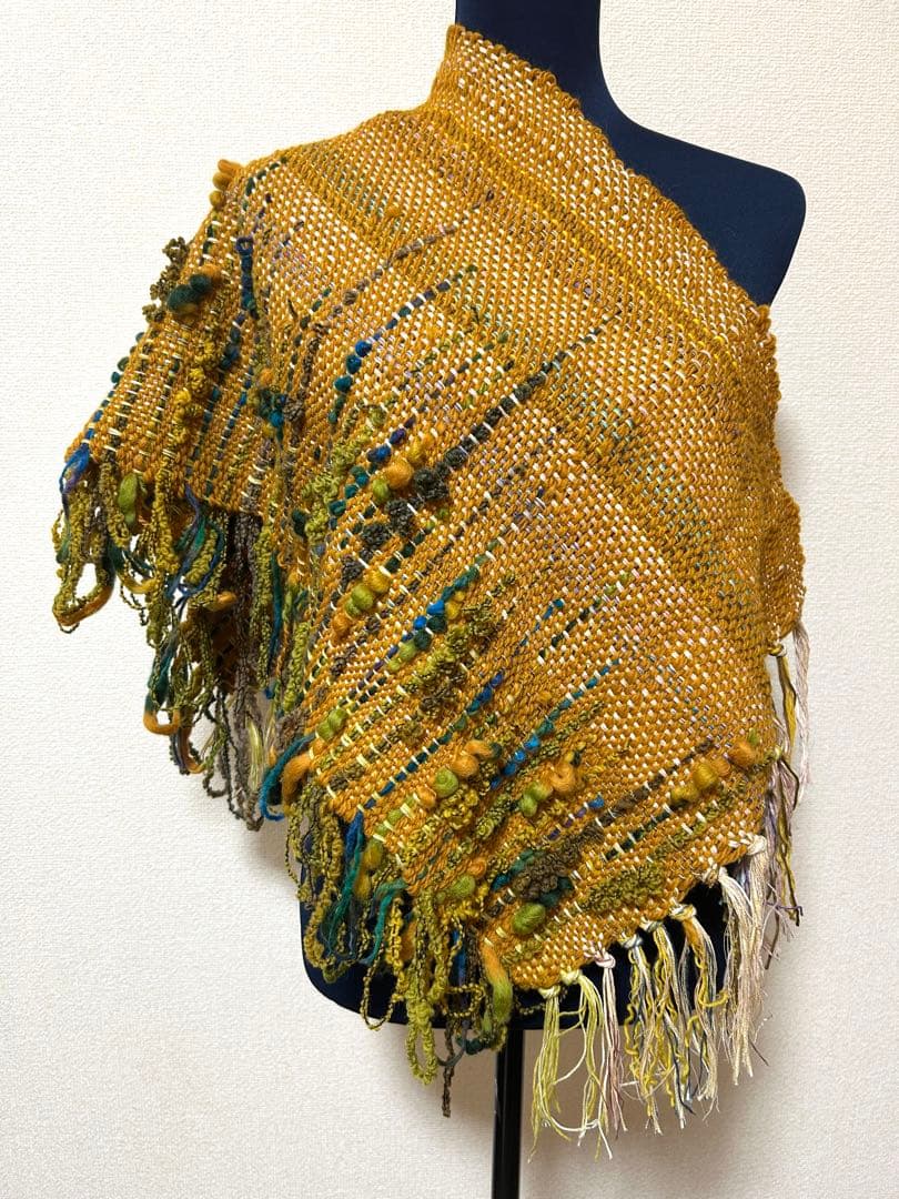 手織りショールストール　幅37cm+横フリンジ10cm長さ230cm+フリンジ