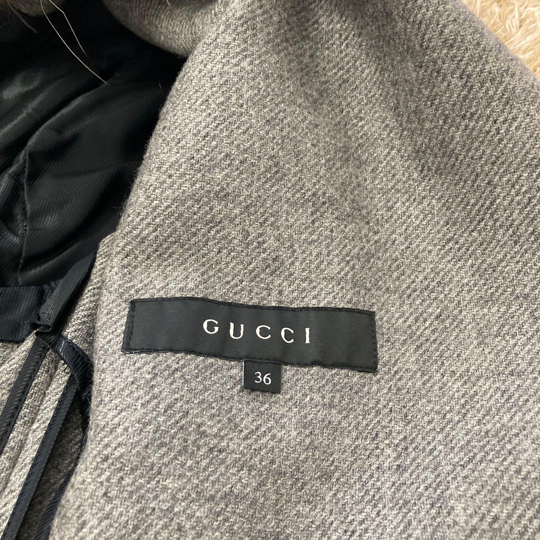 GUCCI グレー 膝丈 カシミヤチェスターコート フォックスファー付き