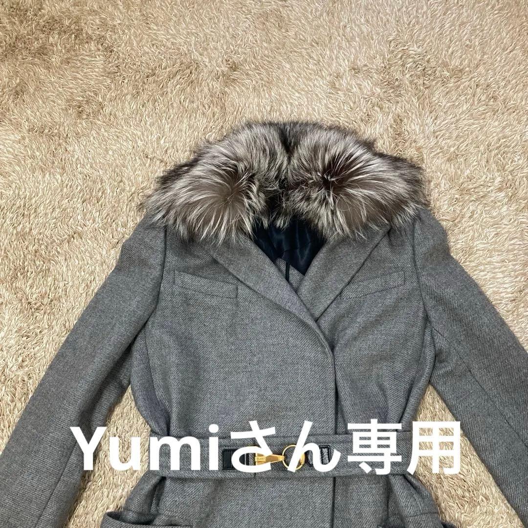 GUCCI グレー 膝丈 カシミヤチェスターコート フォックスファー付き