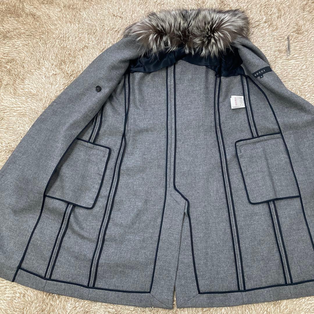 GUCCI グレー 膝丈 カシミヤチェスターコート フォックスファー付き