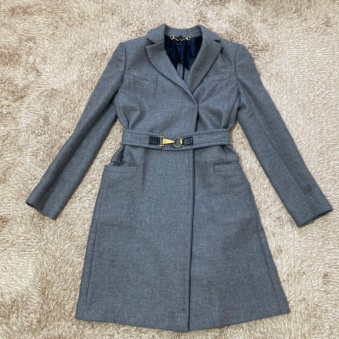 GUCCI グレー 膝丈 カシミヤチェスターコート フォックスファー付き