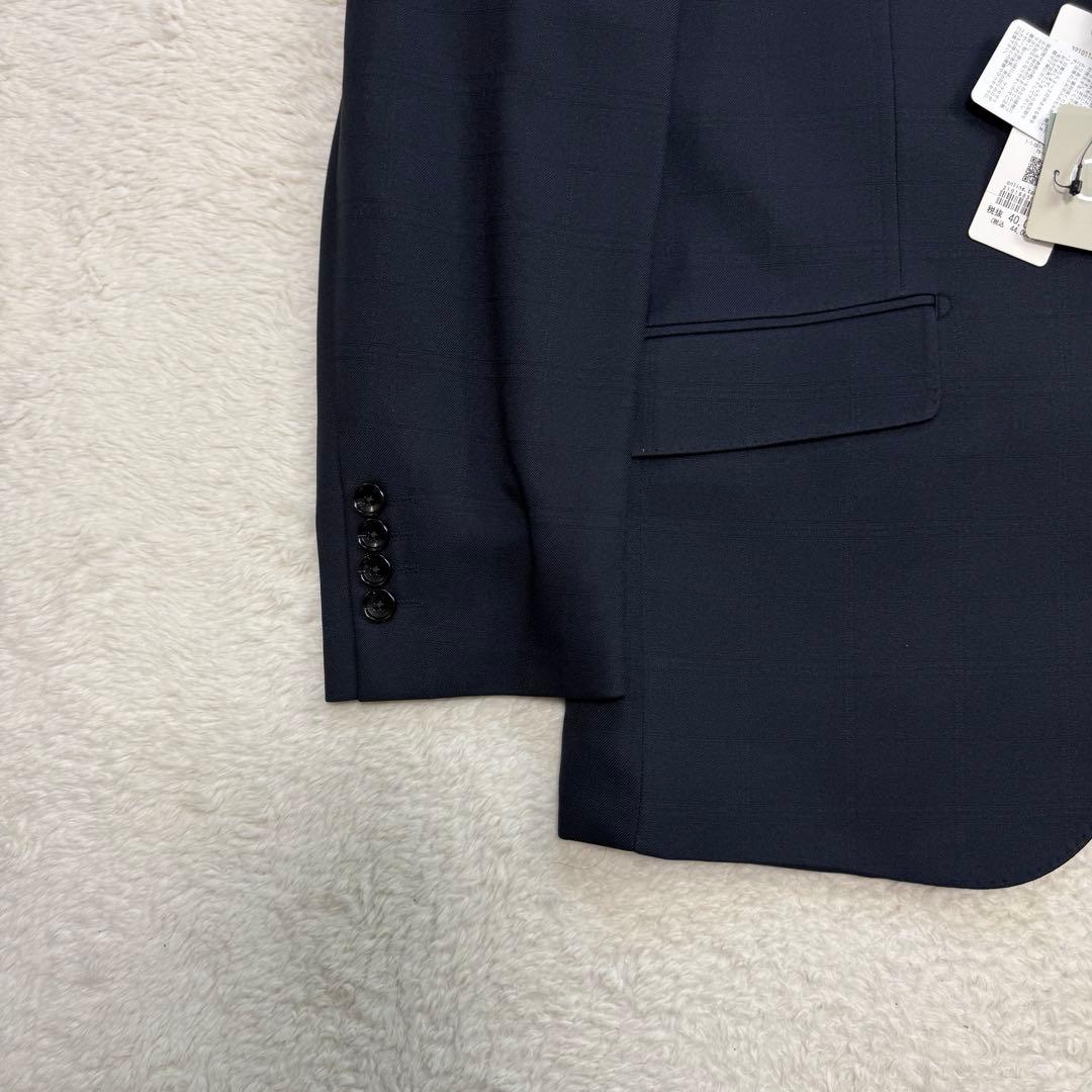 タグ付き 3点セットTAKA-Q ストレッチセットアップスーツ チェック紺