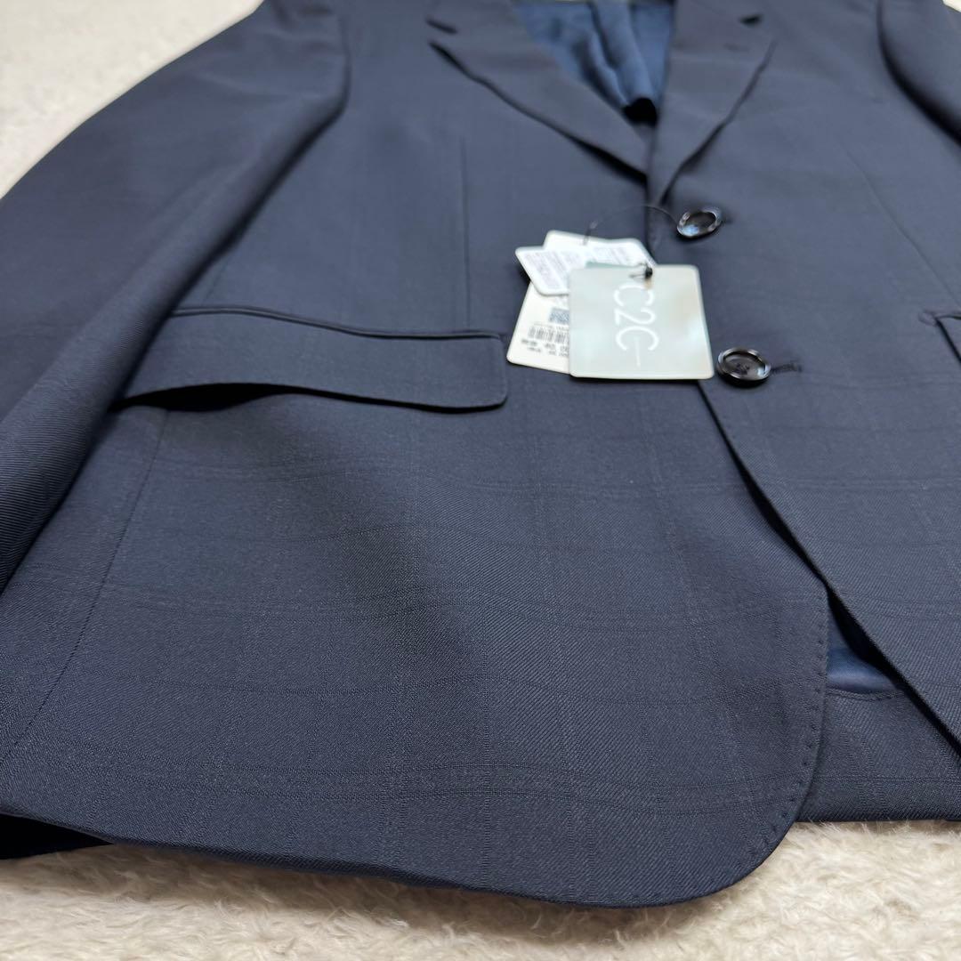 タグ付き 3点セットTAKA-Q ストレッチセットアップスーツ チェック紺