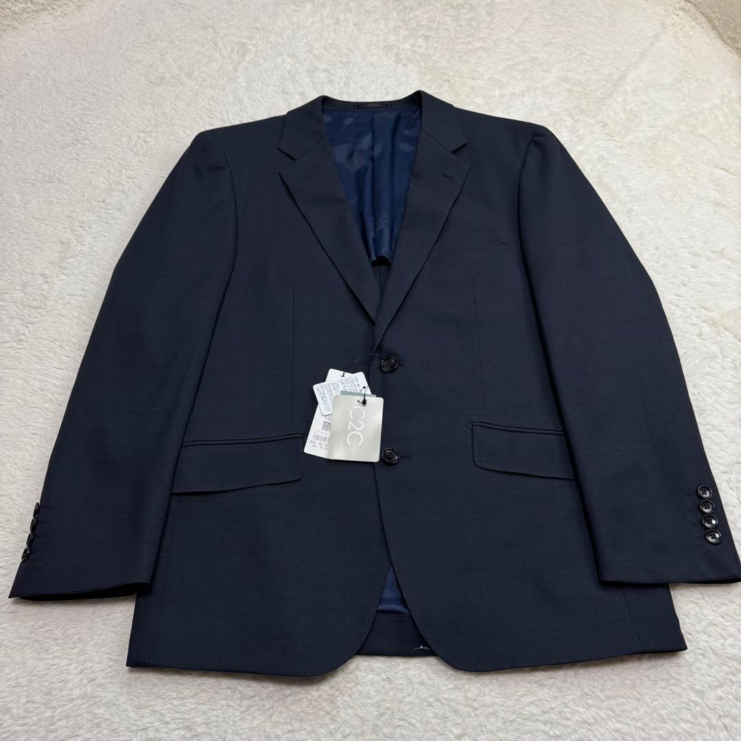 タグ付き 3点セットTAKA-Q ストレッチセットアップスーツ チェック紺