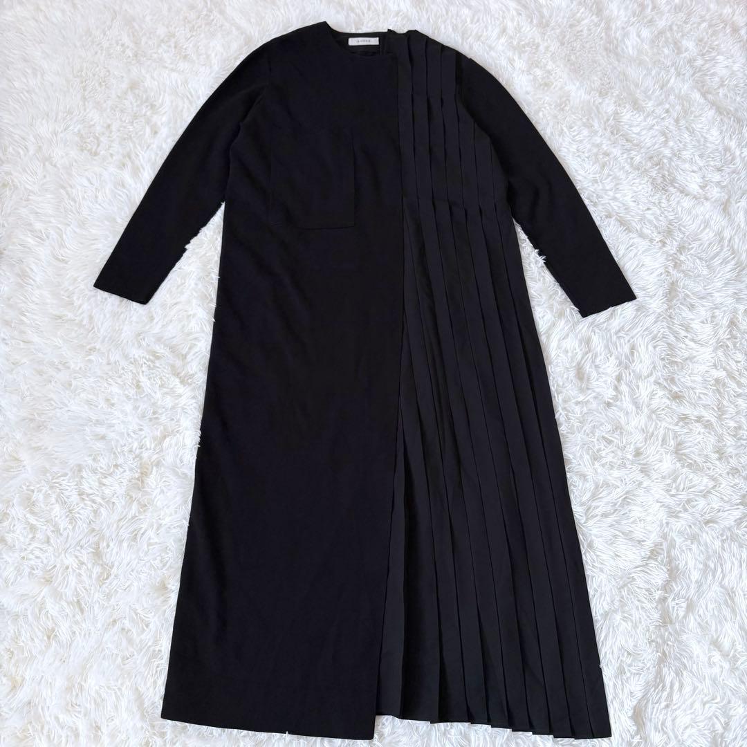 ADORE アドーア ロングワンピース 異素材 プリーツ ニット ブラック 38