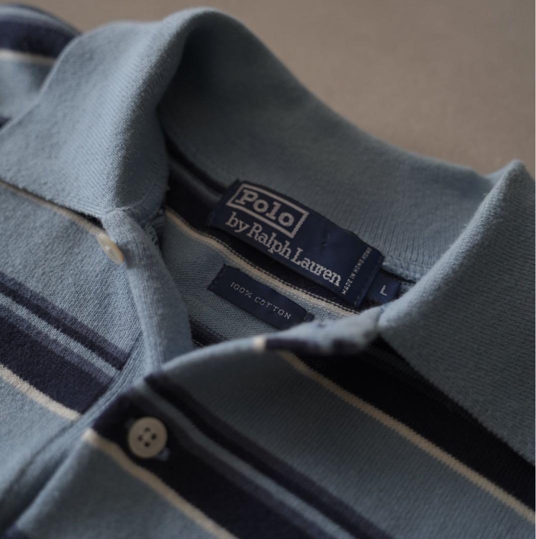 90s ラルフローレン マルチボーダーニットポロシャツ L サックスブルー