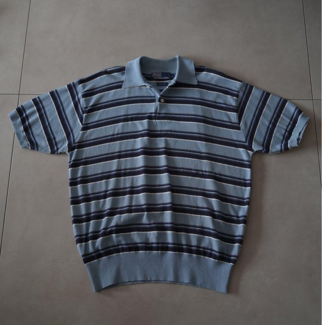90s ラルフローレン マルチボーダーニットポロシャツ L サックスブルー