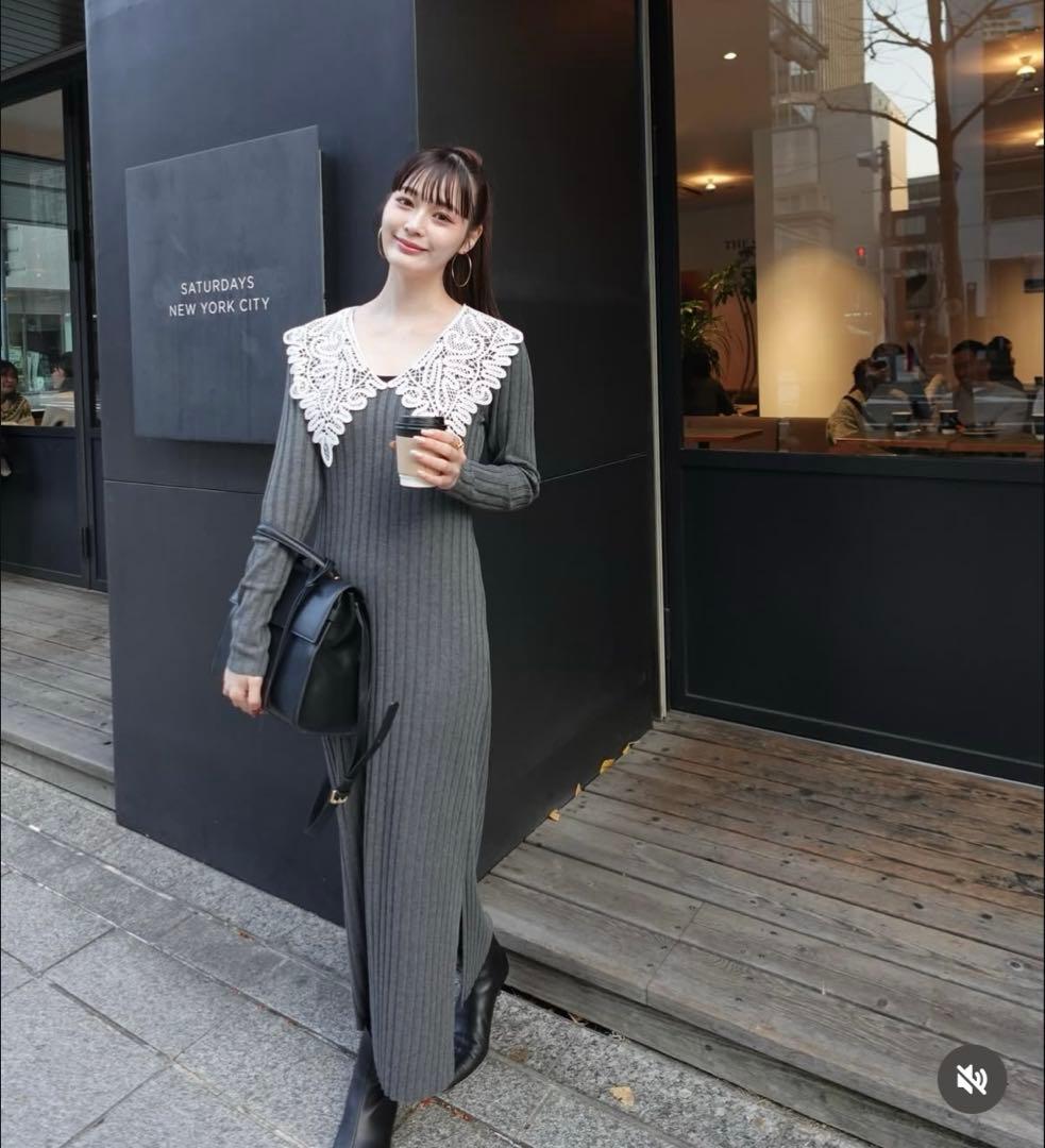 ワンピース Acka lace collar knit one-piece