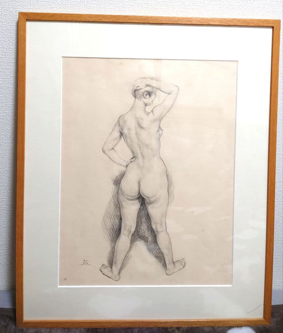 真作 牧野邦夫 『裸婦』 絵画 鉛筆デッサン 人物画 額装