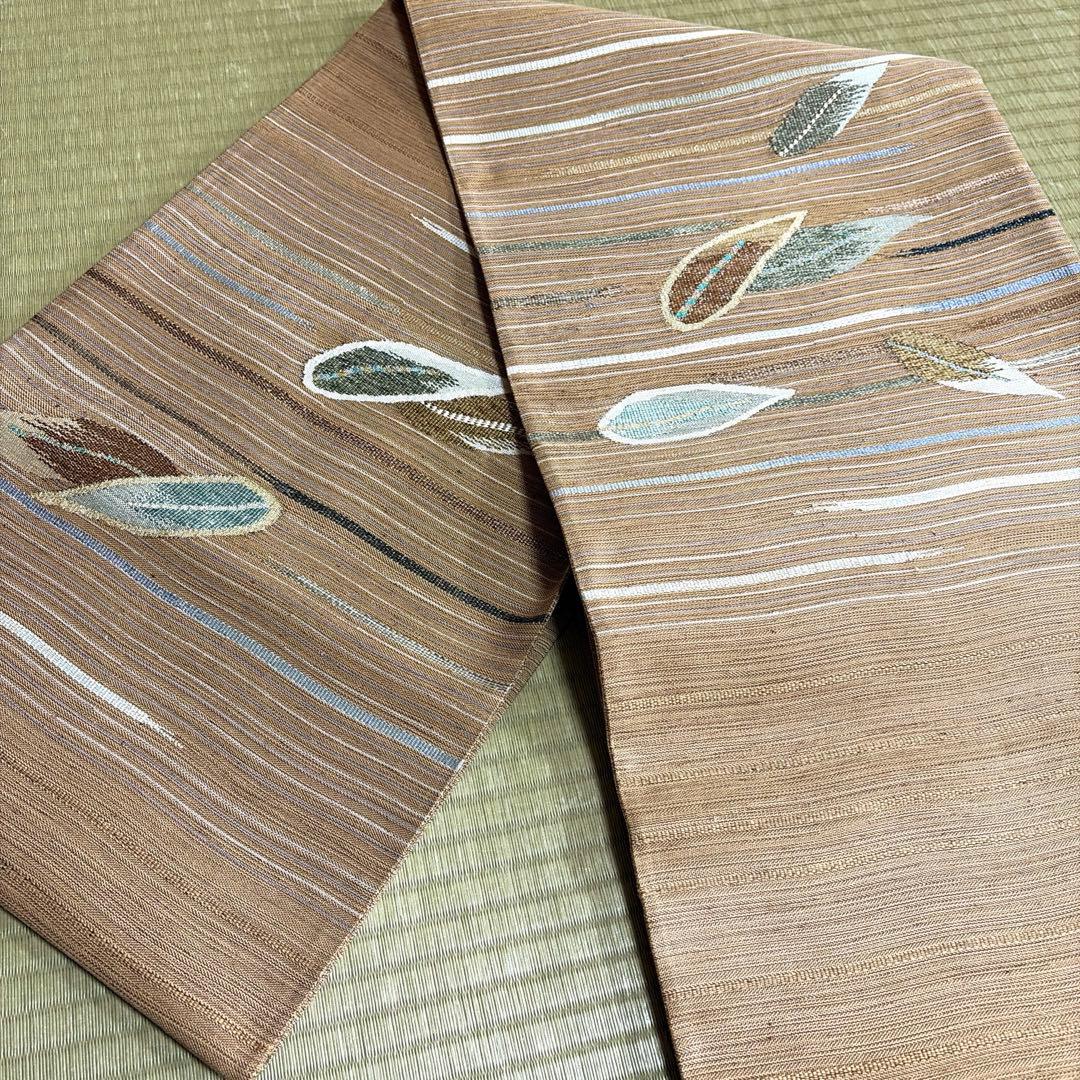 正絹　紬　袋帯《縞　葉模様》