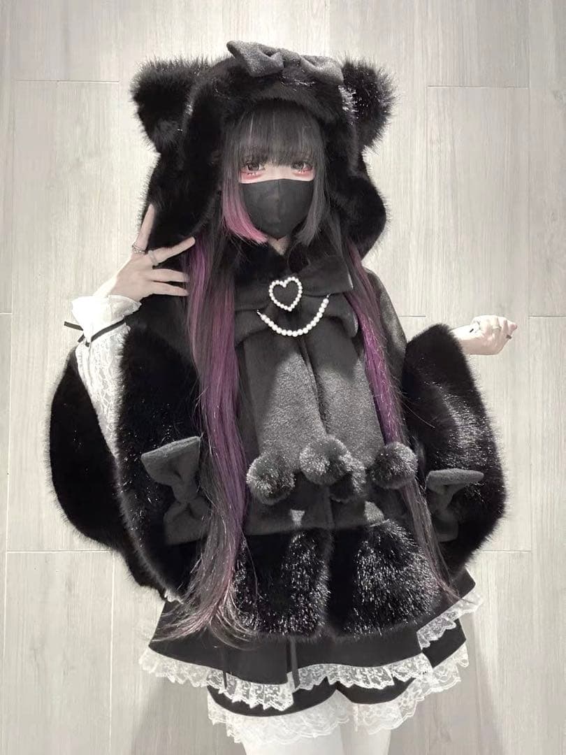 高品質 地雷系 猫耳ファーケープコート　量産型 サブカル 天使界隈 ポンチョ