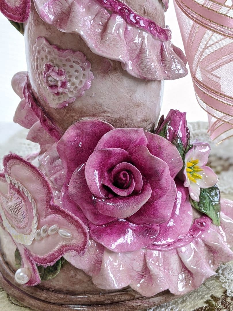 クレイフラワー✨ロココ調薔薇❁染め花布花❁クレイフラワー❁ハンドメイド