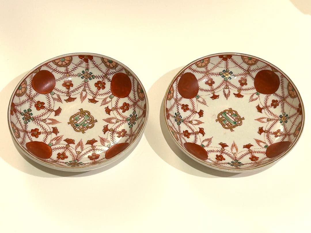 赤玉瓔珞紋　古伊万里　小皿2枚セット