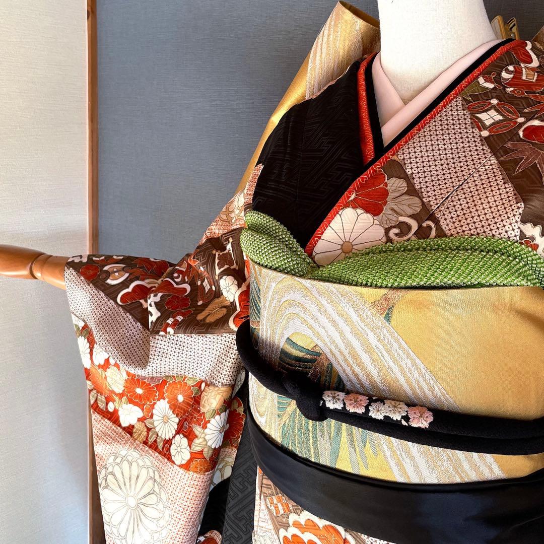 振袖フルセット　高身長　紋意匠　手描き友禅　成人式振袖　振袖　裄丈68 黒