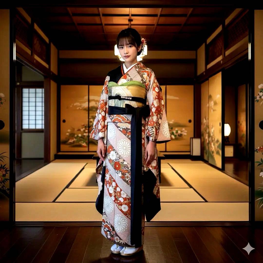 振袖フルセット　高身長　紋意匠　手描き友禅　成人式振袖　振袖　裄丈68 黒