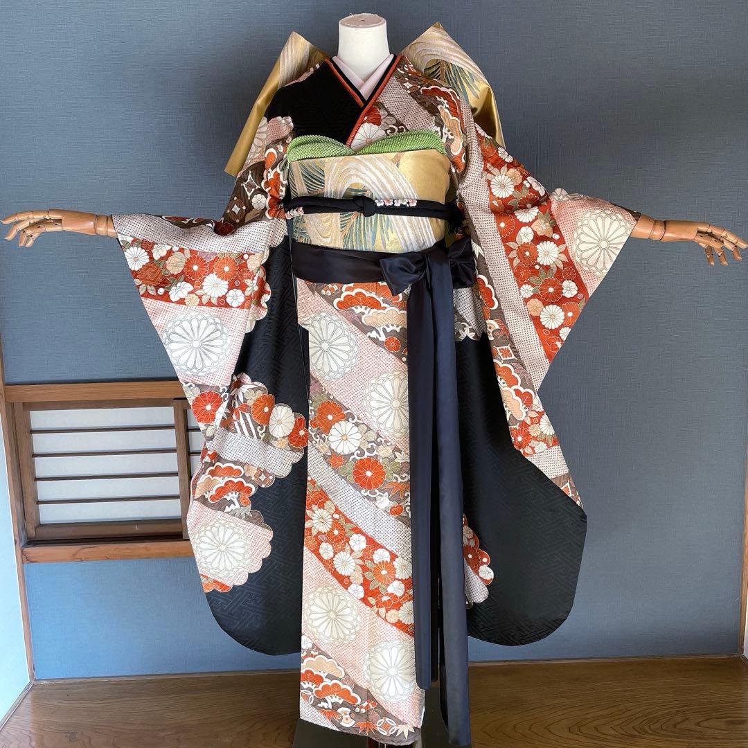 振袖フルセット　高身長　紋意匠　手描き友禅　成人式振袖　振袖　裄丈68 黒
